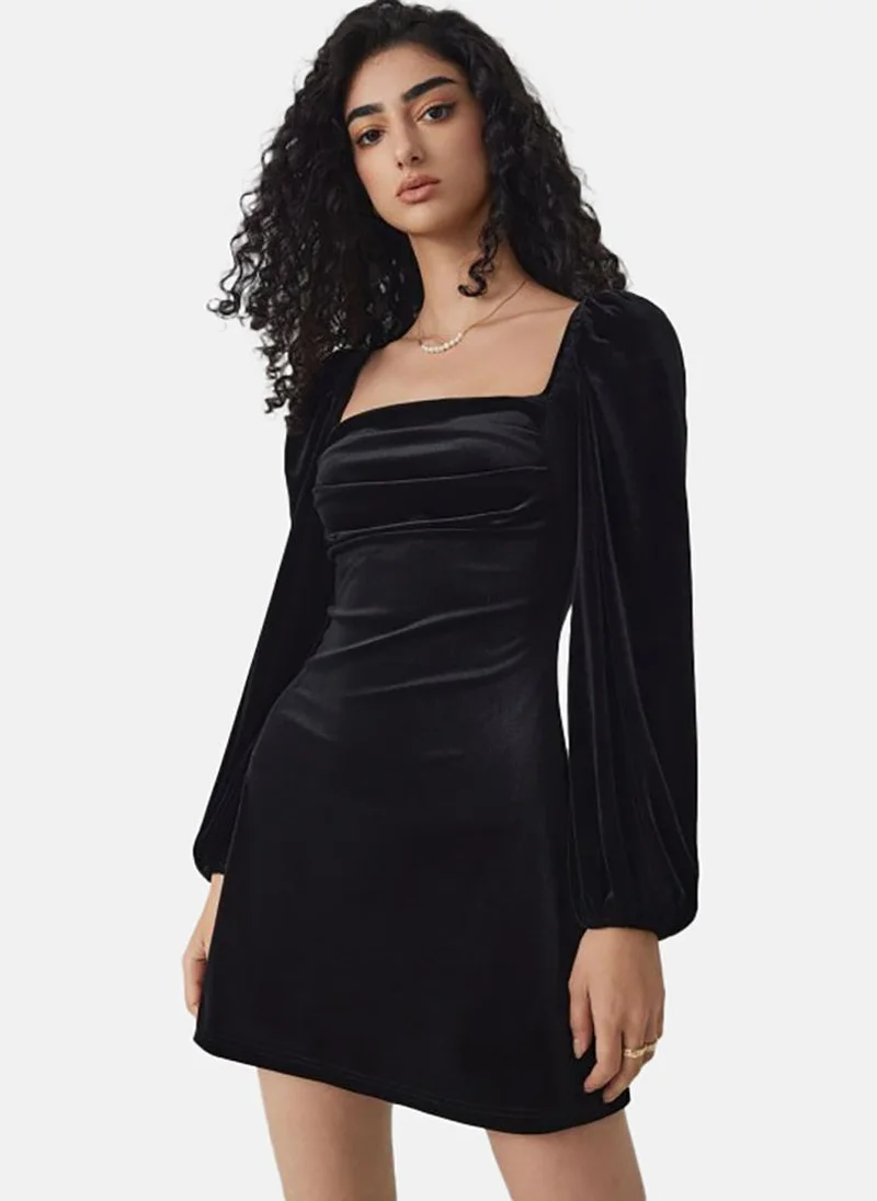 YUNIQEE Black Solid Long Sleeve Square Neck Mini A-Line Dress