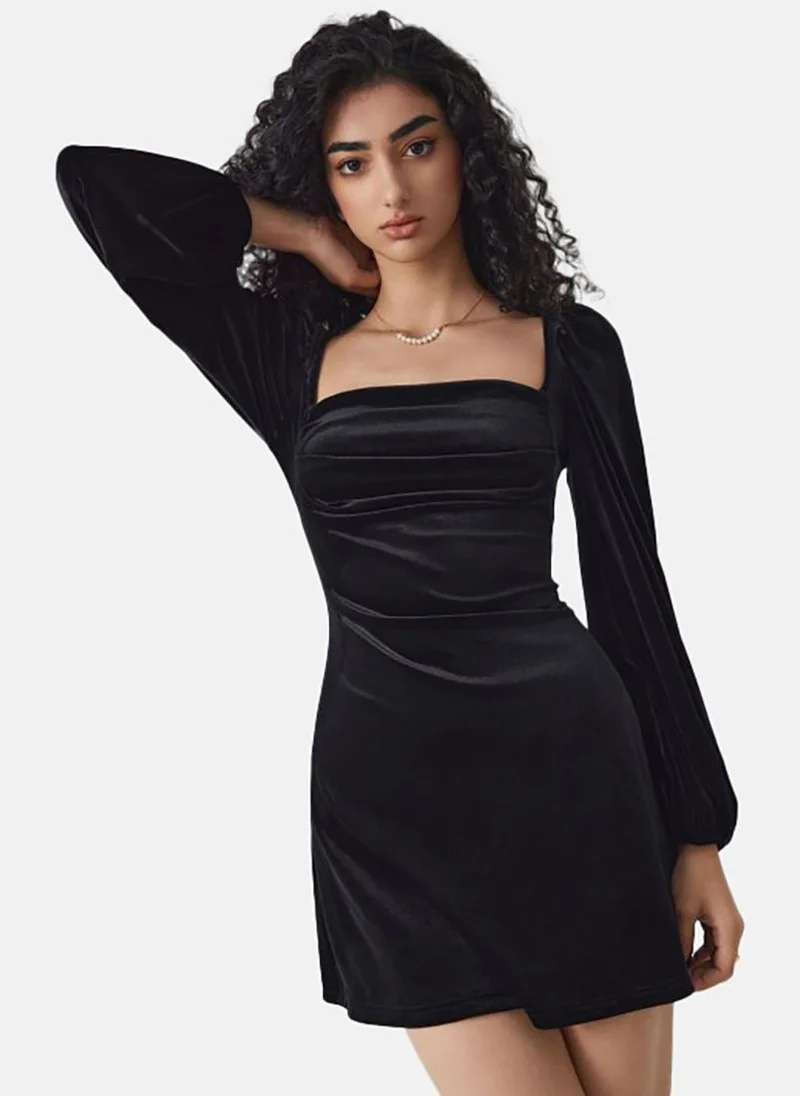 YUNIQEE Black Solid Long Sleeve Square Neck Mini A-Line Dress
