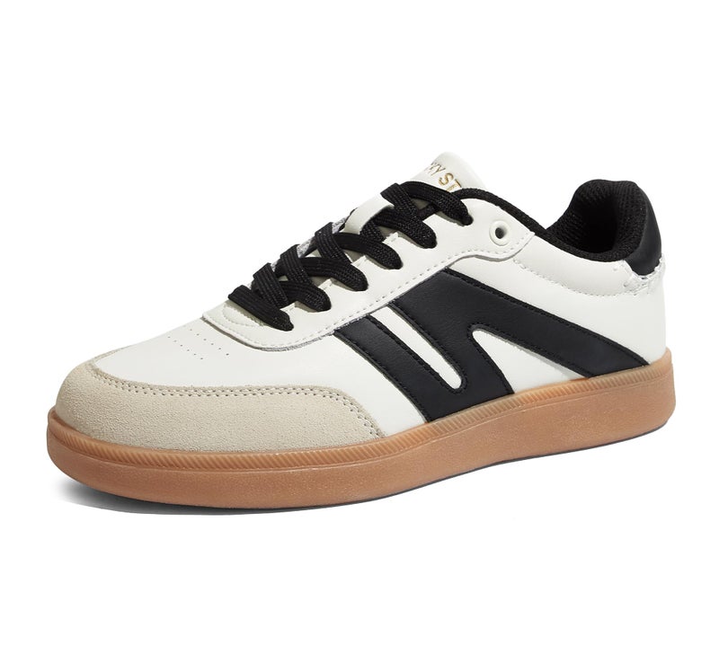 LUCKY STEP Women Classic Retro Gum Sole Fashion Sneakers Casual Tennis Skate Shoe Genuine Leather Walking Footwear Anti Slip Trainers(Beige/Black,6.5) - Image 3