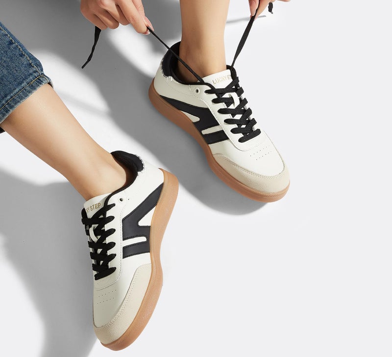 LUCKY STEP Women Classic Retro Gum Sole Fashion Sneakers Casual Tennis Skate Shoe Genuine Leather Walking Footwear Anti Slip Trainers(Beige/Black,6.5) - Image 2