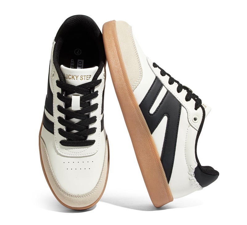 LUCKY STEP Women Classic Retro Gum Sole Fashion Sneakers Casual Tennis Skate Shoe Genuine Leather Walking Footwear Anti Slip Trainers(Beige/Black,6.5) - Image 1