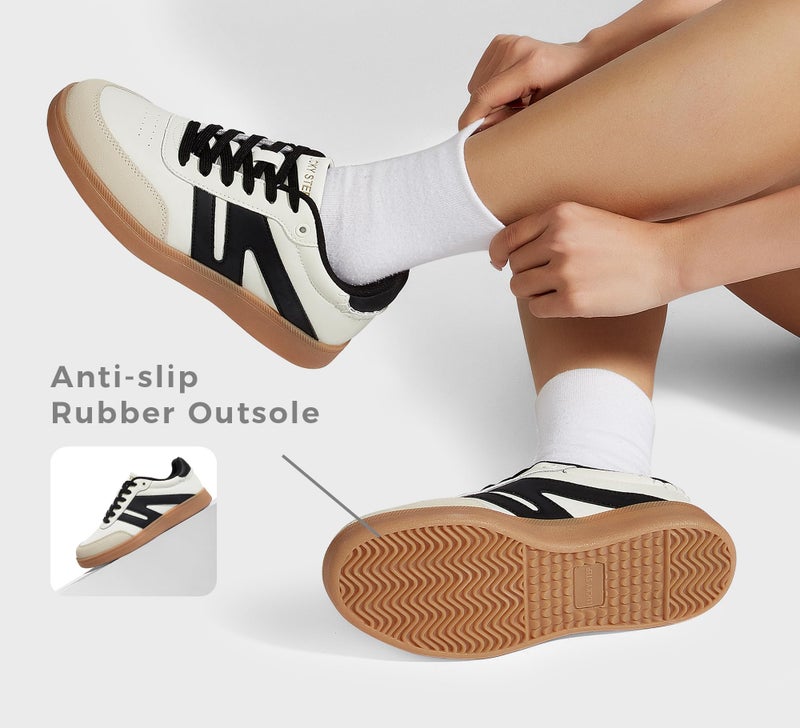 LUCKY STEP Women Classic Retro Gum Sole Fashion Sneakers Casual Tennis Skate Shoe Genuine Leather Walking Footwear Anti Slip Trainers(Beige/Black,6.5) - Image 5