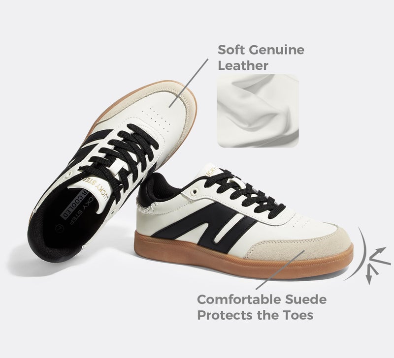 LUCKY STEP Women Classic Retro Gum Sole Fashion Sneakers Casual Tennis Skate Shoe Genuine Leather Walking Footwear Anti Slip Trainers(Beige/Black,6.5) - Image 4