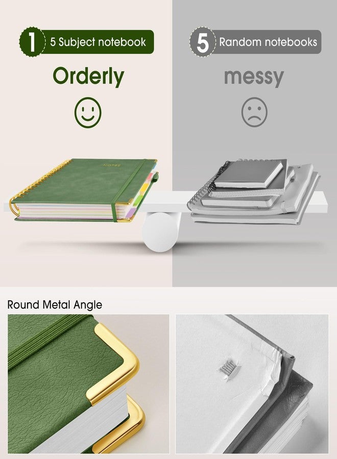 dilitego Hardcover Spiral Notebook 8.5"x11" Journal with Removable Dividers Tabs, 300 Pages Leather 5 Subject Notebook College Ruled, Large A4 Notebooks for Work School, Lined Journal for Women, A4 Green - Image 4