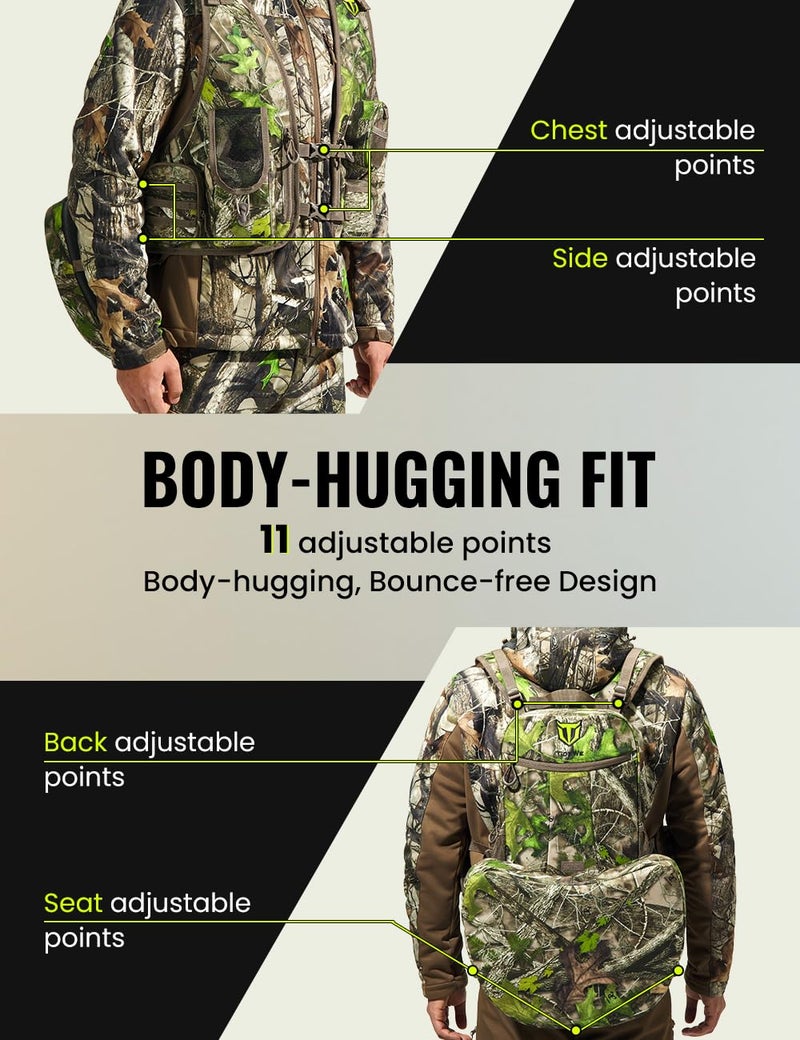 TIDEWE Turkey Vest with Seat, Lightweight Turkey Hunting Vest with Multi-Compartment Storage, Form-fitting Portable Turkey Backpack with 11 Adjustable Straps for Hunters (Truetimber HTC Green) - Image 5