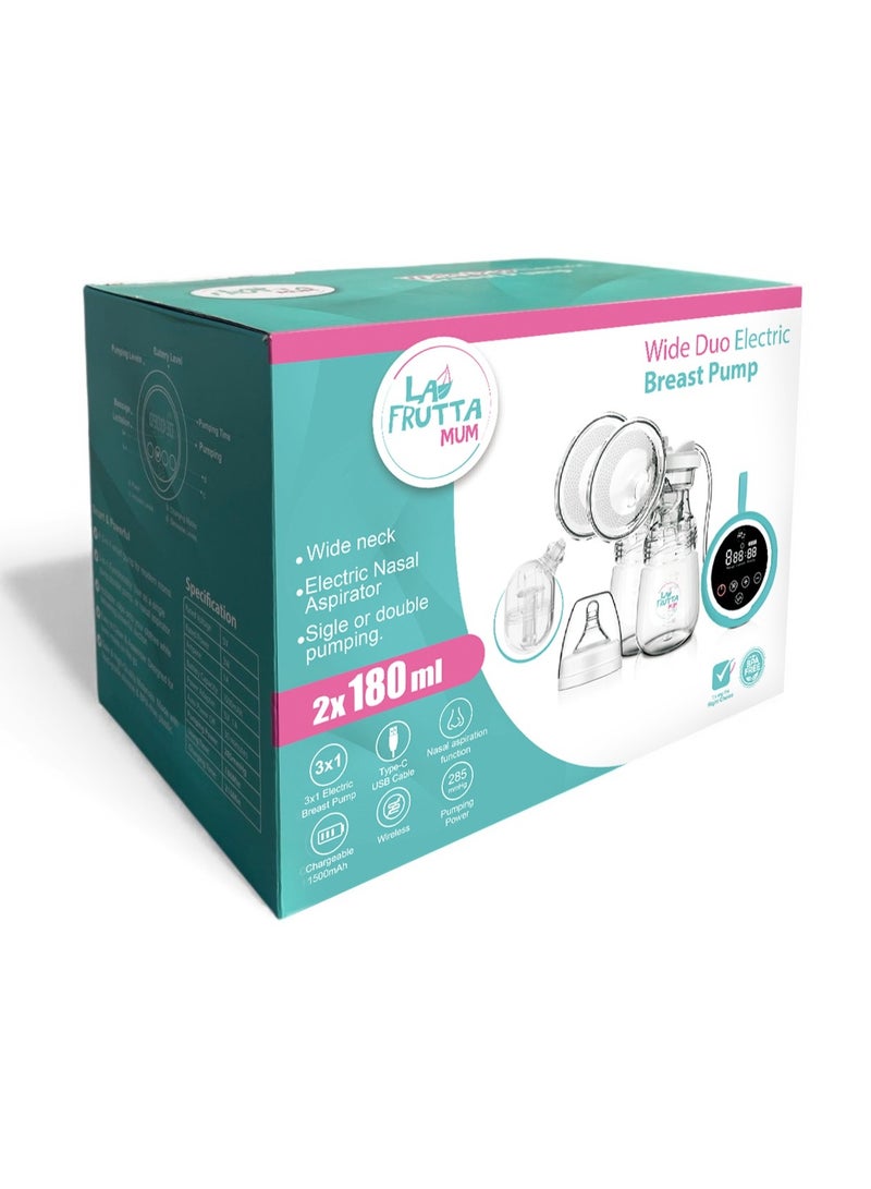 لا فروتا لافروتا شفاط حليب كهربائي وايد ديو – مزدوج أو فردي، سعة 2×180 مل، مزود بجهاز شفط أنف كهربائي، 9 مستويات و3 أوضاع، بطارية 1000 مللي أمبير قابلة للشحن