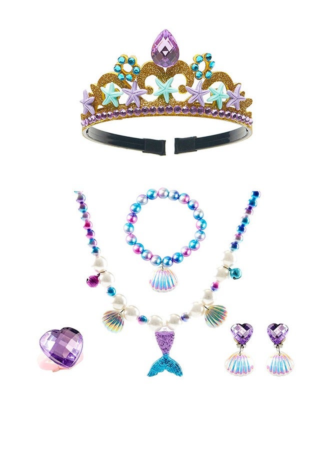 Mermaid Jewelry Kit Little Set for Kids, Pearl Shell Crown Pendant Bracelets Ear Clips Set, Princess Party Dress Up Pretend Play Decorative Accessories (Purple) - Image 1
