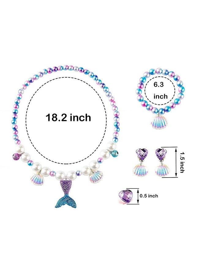 Mermaid Jewelry Kit Little Set for Kids, Pearl Shell Crown Pendant Bracelets Ear Clips Set, Princess Party Dress Up Pretend Play Decorative Accessories (Purple) - Image 2