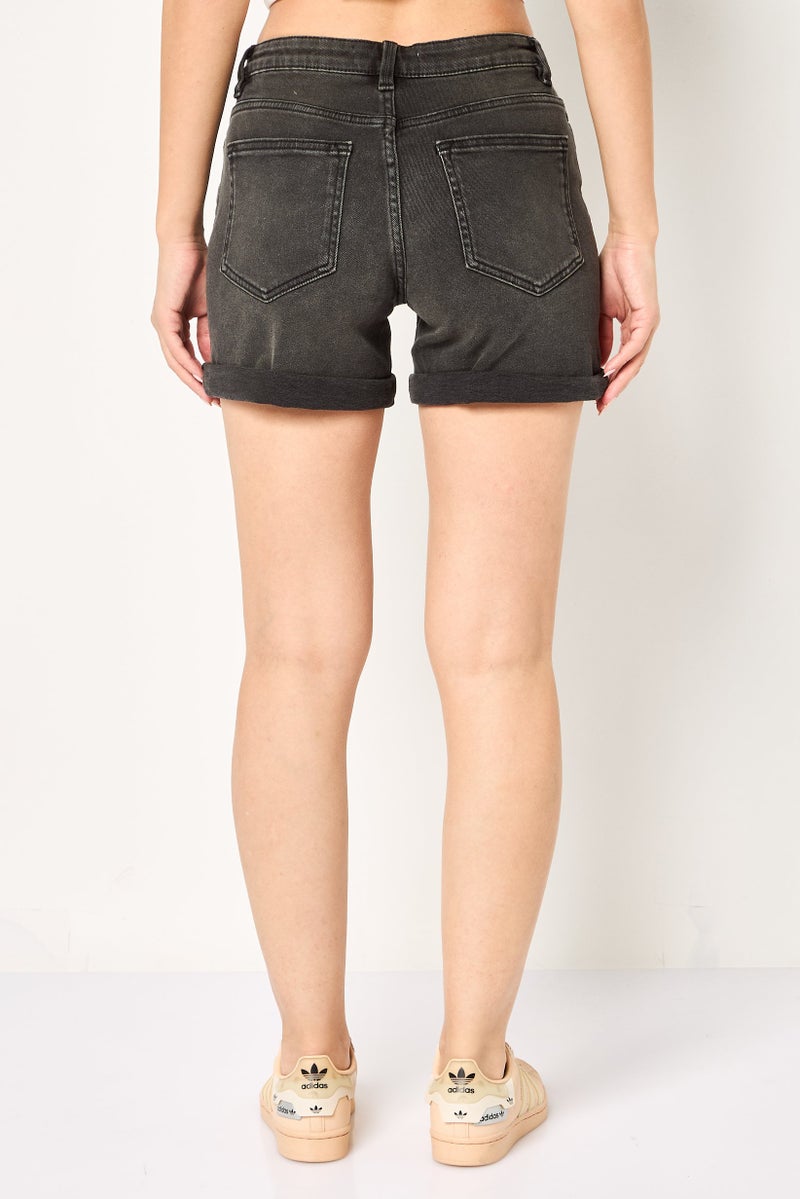 promod Women Washed Denim Shorts, Black - Image 3
