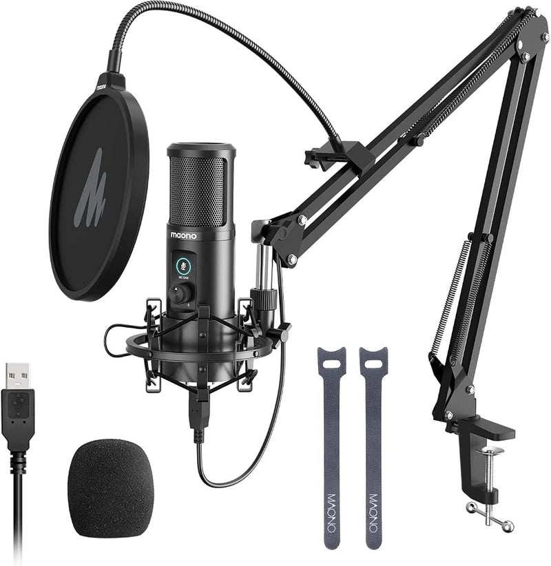 ماونو مجموعة ميكروفون Maonocaster AU-PM421 USB مع مفتاح إيقاف/تشغيل بنقرة واحدة ومقبض لزيادة/خفض سماعة الميكروفون، ميكروفون كوندنسر كارديويد محترف للبث المباشر والألعاب والبث - أسود - Image 1