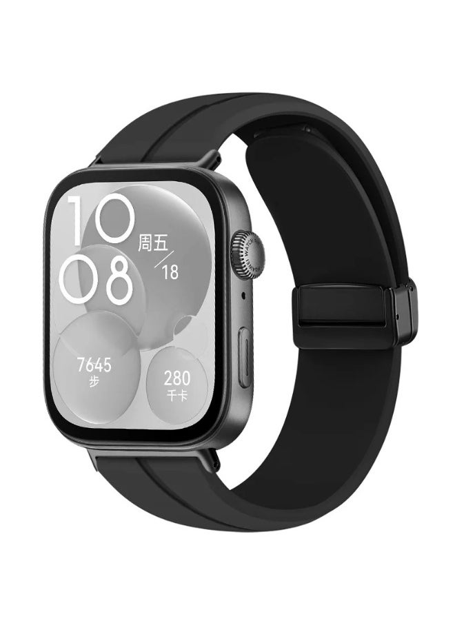 Generic Strap Magnetic Folding Buckle Accessories Smartwatch Bracelet Replacement For Huawei Watch Fit 3 (Black) 