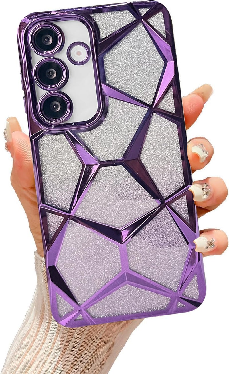 VONZEE Gradient Glitter Clear Case for Samsung S25, Luxury Electroplated 3D Cube, Diamond Bling Shiny Soft TPU Clear Shockproof Women Girls Protective Phone Cover (Deep Purple) - Image 1