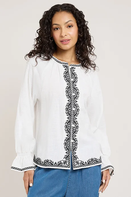 R&B Embroidered Top with Round Neck and Long Sleeves