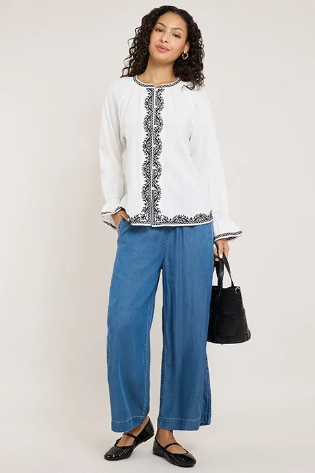 R&B Embroidered Top with Round Neck and Long Sleeves