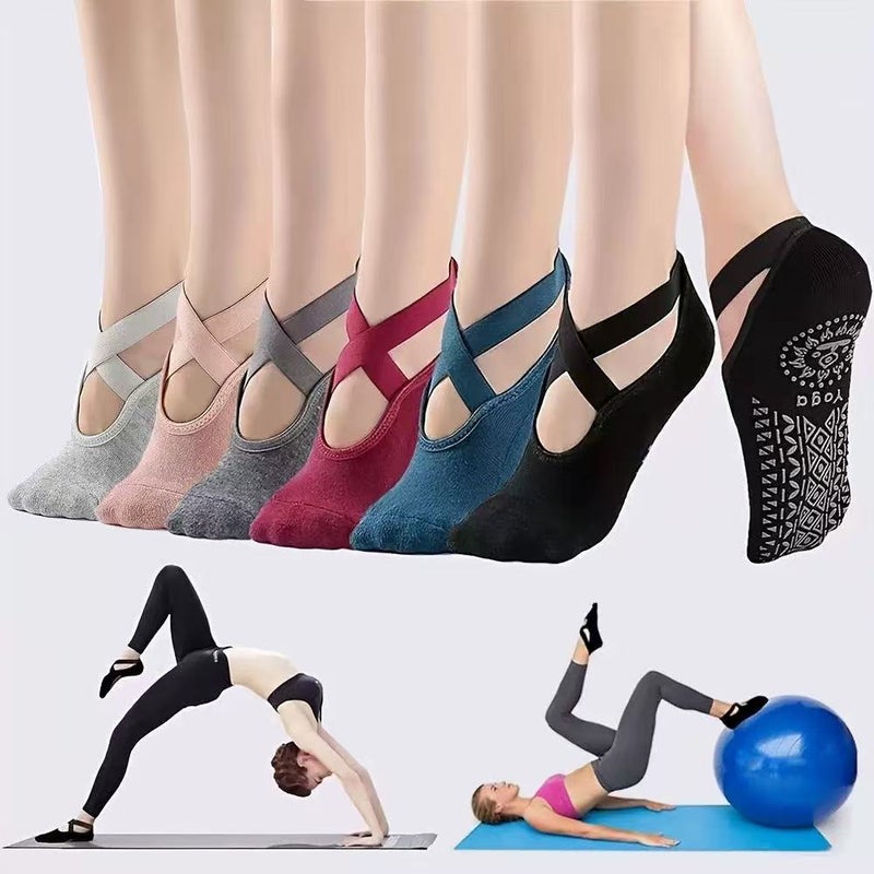Women's Non-Slip Ankle Yoga Socks with Straps for Yoga, Dance and Floor Workouts - Image 2