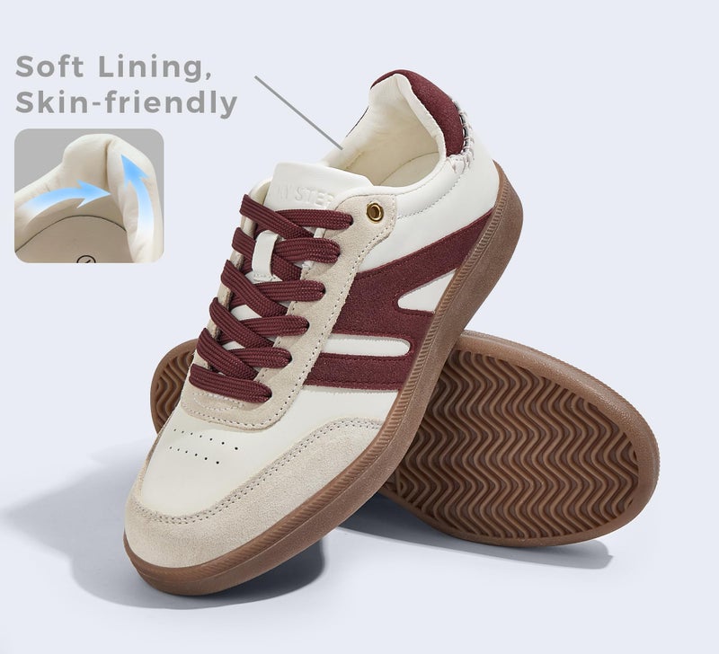 LUCKY STEP Women Classic Retro Gum Sole Fashion Sneakers Casual Tennis Skate Shoe Genuine Leather Walking Footwear Anti Slip Trainers(Beige/Red,10) - Image 4