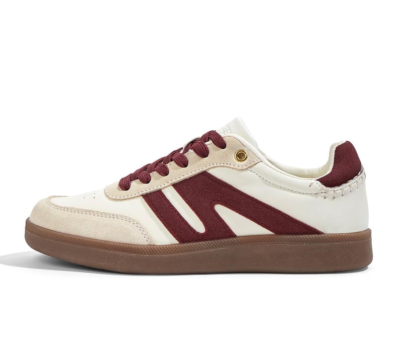 LUCKY STEP Women Classic Retro Gum Sole Fashion Sneakers Casual Tennis Skate Shoe Genuine Leather Walking Footwear Anti Slip Trainers(Beige/Red,10) - Image 1