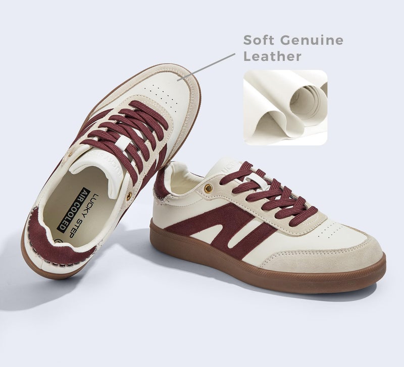 LUCKY STEP Women Classic Retro Gum Sole Fashion Sneakers Casual Tennis Skate Shoe Genuine Leather Walking Footwear Anti Slip Trainers(Beige/Red,10) - Image 3