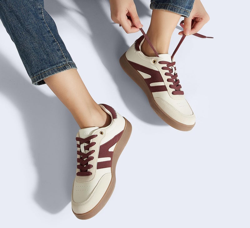 LUCKY STEP Women Classic Retro Gum Sole Fashion Sneakers Casual Tennis Skate Shoe Genuine Leather Walking Footwear Anti Slip Trainers(Beige/Red,10) - Image 2