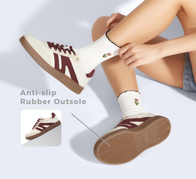 LUCKY STEP Women Classic Retro Gum Sole Fashion Sneakers Casual Tennis Skate Shoe Genuine Leather Walking Footwear Anti Slip Trainers(Beige/Red,10) - Image 5