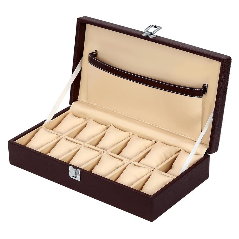 Hard Craft Watch Box Organizer Holder Jewelry Accessories Display Storage Case Watch Organiser Collection Box 12 Slots In PU Leather For Men Women (Brown) - Image 1