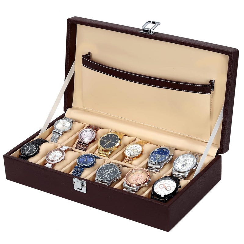 Hard Craft Watch Box Organizer Holder Jewelry Accessories Display Storage Case Watch Organiser Collection Box 12 Slots In PU Leather For Men Women (Brown) - Image 2