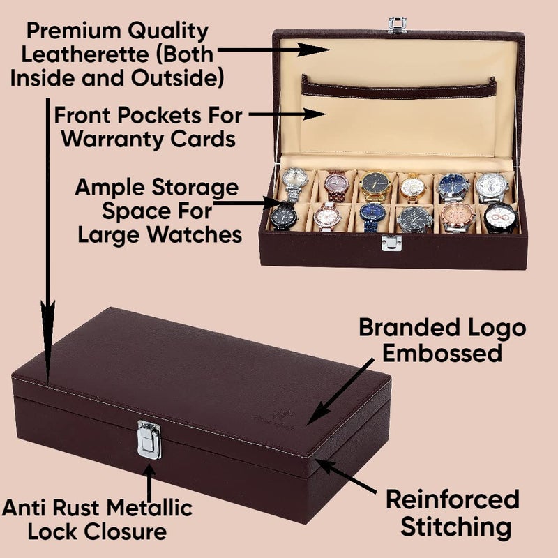 Hard Craft Watch Box Organizer Holder Jewelry Accessories Display Storage Case Watch Organiser Collection Box 12 Slots In PU Leather For Men Women (Brown) - Image 4