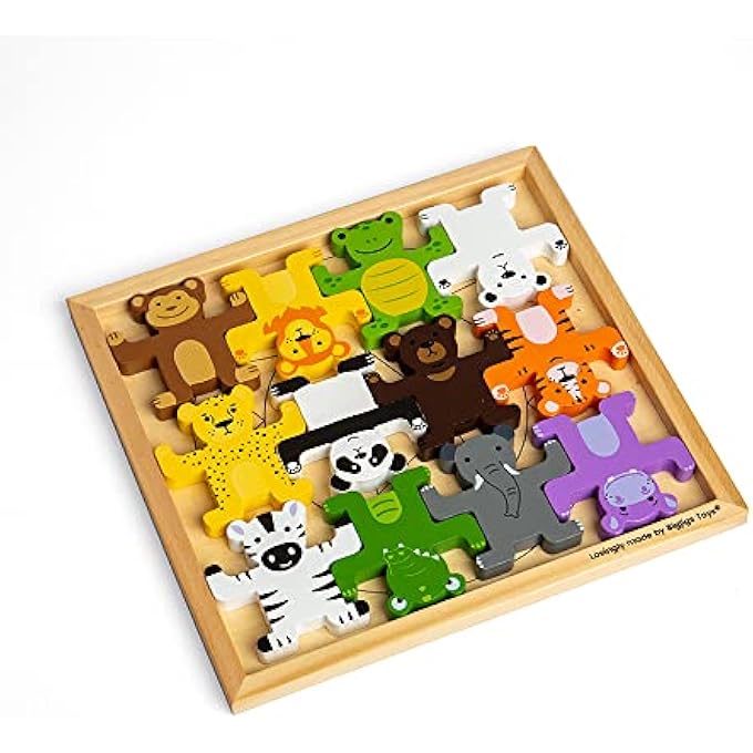 لعبة تكديس الحيوانات البرية - 12 لعبة حيوانات خشبية، ألعاب حيوانات عالية الجودة للأولاد والبنات من 1 إلى 3 سنوات، هدية للأطفال بعمر 12 شهرًا وما فوق - Image 2