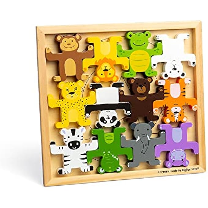لعبة تكديس الحيوانات البرية - 12 لعبة حيوانات خشبية، ألعاب حيوانات عالية الجودة للأولاد والبنات من 1 إلى 3 سنوات، هدية للأطفال بعمر 12 شهرًا وما فوق - Image 3
