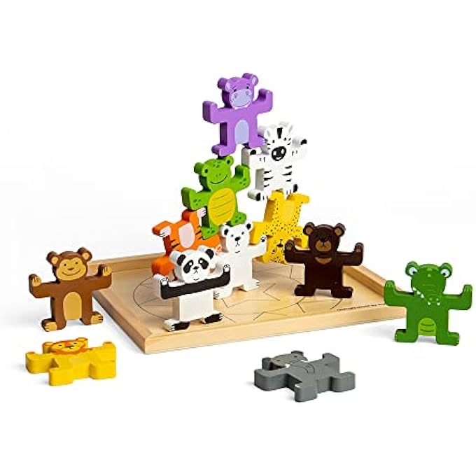 لعبة تكديس الحيوانات البرية - 12 لعبة حيوانات خشبية، ألعاب حيوانات عالية الجودة للأولاد والبنات من 1 إلى 3 سنوات، هدية للأطفال بعمر 12 شهرًا وما فوق - Image 1