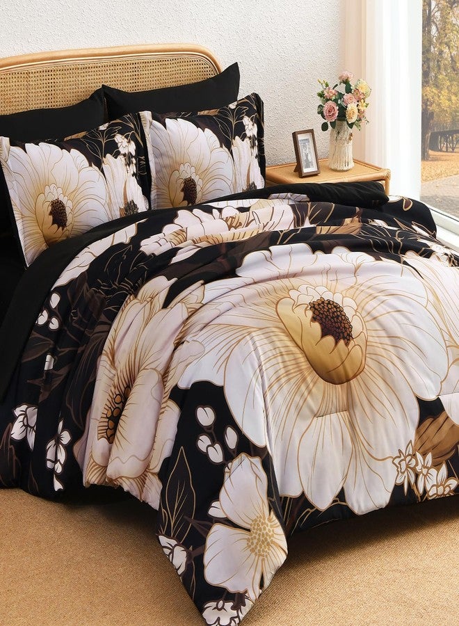 Xruibed Black Glod Floral Comforter Set King Size 7 Pieces Bed in a Bag Flower Bedding Sets Lightweight Boho Bed Set with Sheet,Pillowcases&Shams for All Season - Image 2