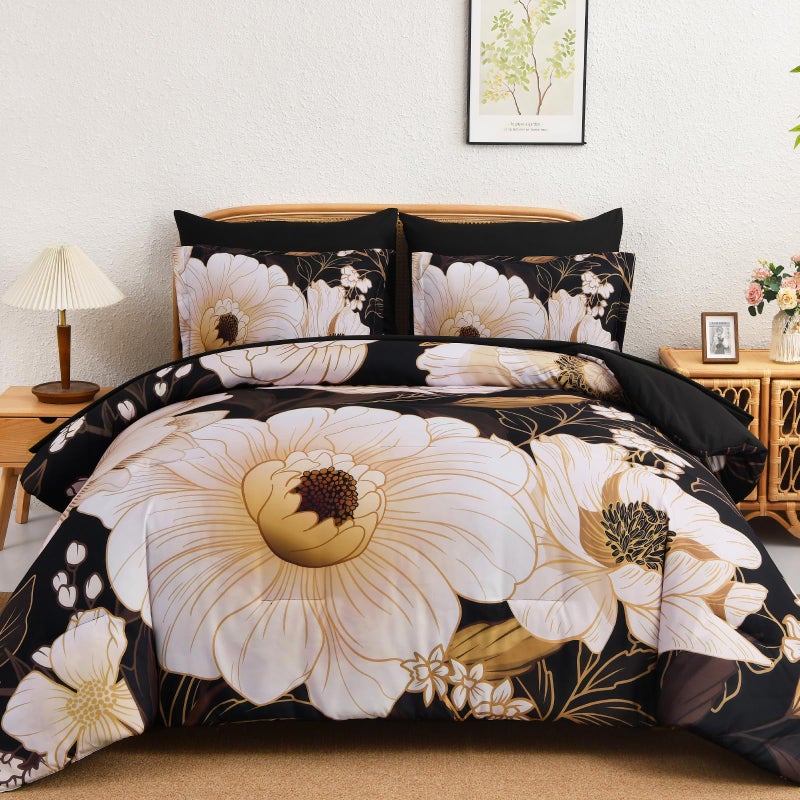 Xruibed Black Glod Floral Comforter Set King Size 7 Pieces Bed in a Bag Flower Bedding Sets Lightweight Boho Bed Set with Sheet,Pillowcases&Shams for All Season - Image 1
