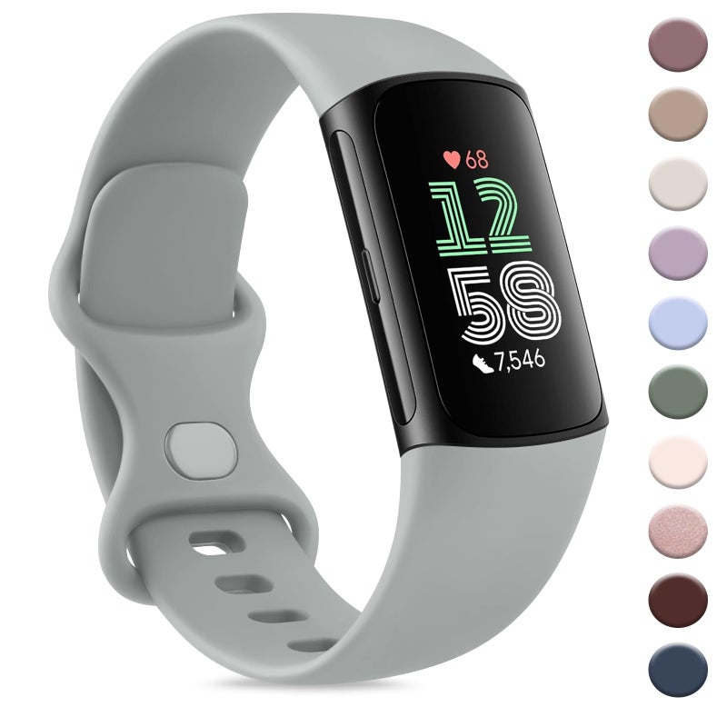 AK حزام AK Sport متوافق مع أساور Fitbit Charge 6 / Fitbit Charge 5 للنساء والرجال، أشرطة استبدال ناعمة كلاسيكية للأساور Fitbit Charge 6/5 متقدمة لمراقبة اللياقة البدنية والصحة (رمادي، كبير) - Image 1