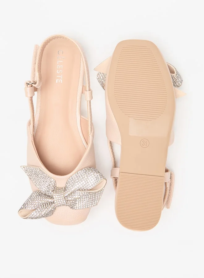 سيليست Girls' Bow Accent Round Toe Ballerina Shoes with Hook and Loop Closure