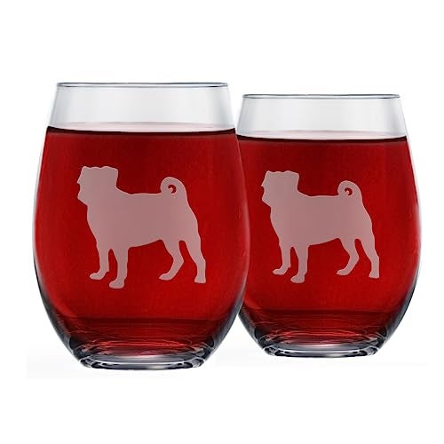 Greenline Goods Pug Stemless Wine Glasses Set of 2  Unique Gift for Dog Lovers  Hand Etched with Breed Name on Bottom