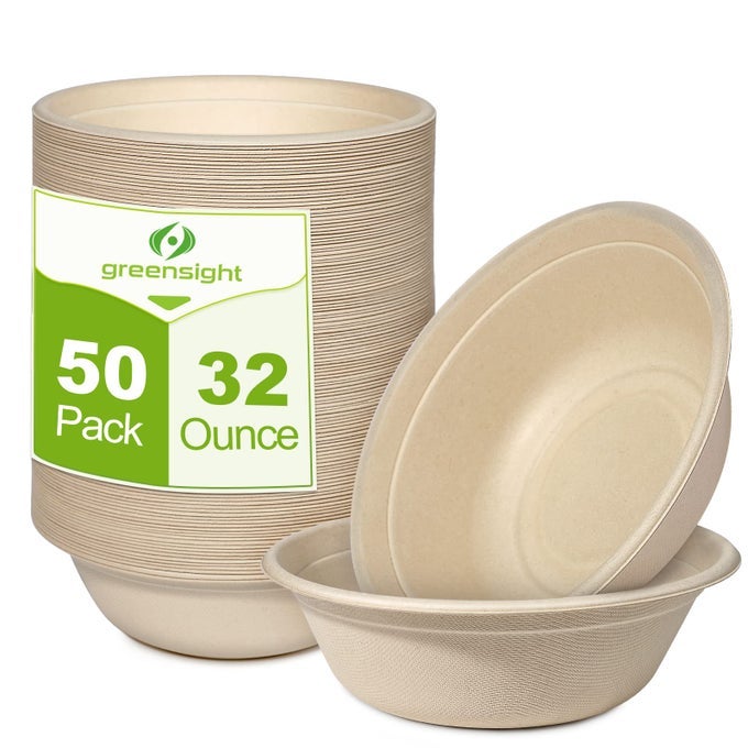 LARGE DISPOSABLE PAPER BOWLS 32OZ 50 PACK HEAVY DUTY COMPOSTABLE FOR HOT AND COLD FOOD BIODEGRADABLE MADE OF SUGARCANE