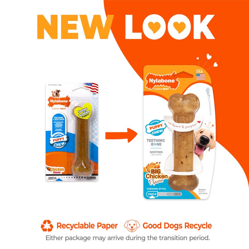 Nylabone عظمة مضغ نيلابون للجرو، ألعاب لجروهات التسنين، بنكهة الدجاج، متوسطة، حتى 35 رطل، 1 قطعة - Image 3