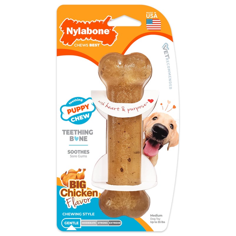 Nylabone عظمة مضغ نيلابون للجرو، ألعاب لجروهات التسنين، بنكهة الدجاج، متوسطة، حتى 35 رطل، 1 قطعة - Image 1