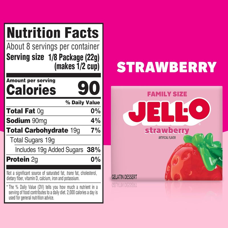 Jell-O Strawberry Gelatin Dessert Mix, Family Size, 6 oz Box - Image 2