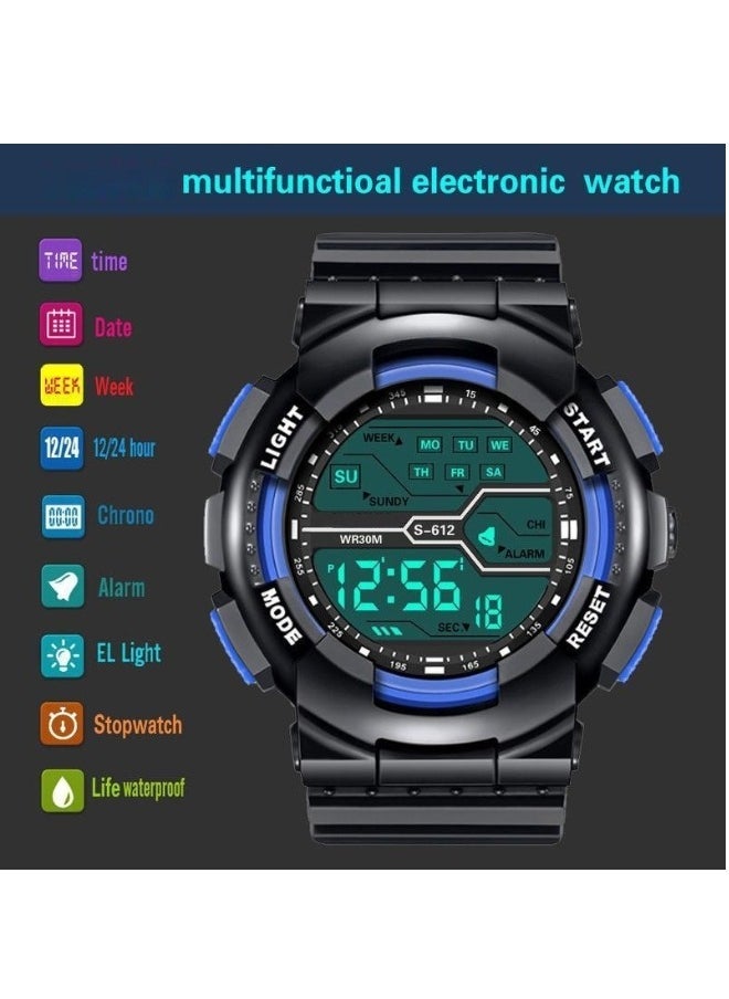 Sharpdo Children's Digital Watch Multifunctional Waterproof Electronic Watch Alarm Chronograph Luminous Sports Black/Blue Watch - Image 5