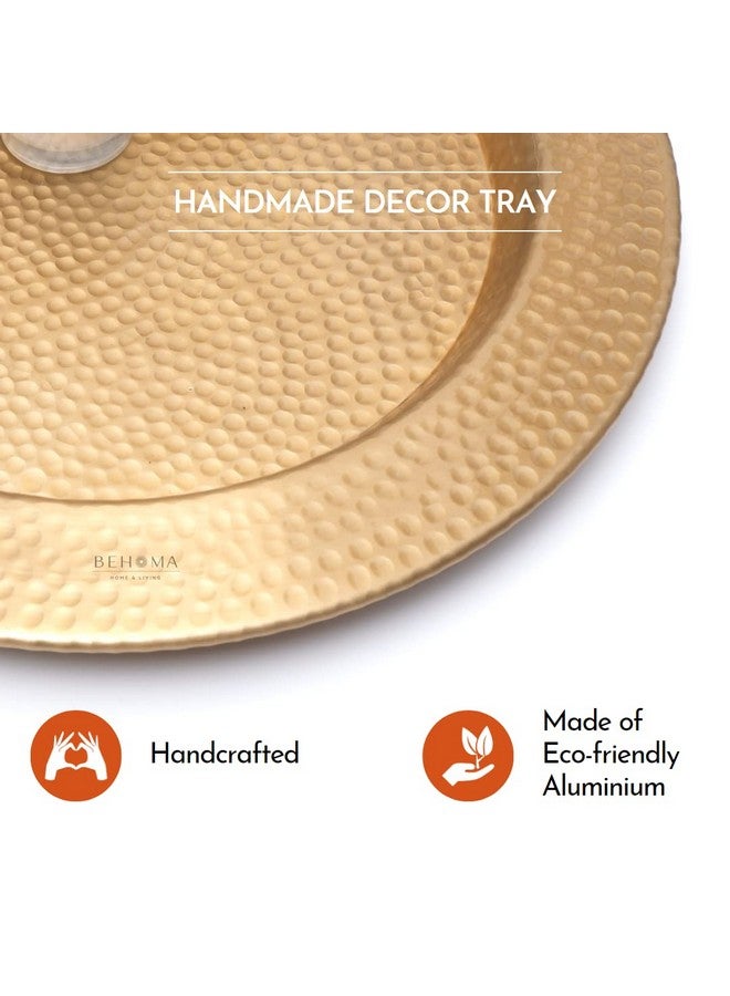 Behoma Aluminium Round Hammered Thali Shape for Decoration, Diwali Pooja || Table Home Interior Kitchen Office Decor || Festival Special Item for Wedding Ceremony || Golden (L- 35.5 CM) (Only Tray) - Image 4