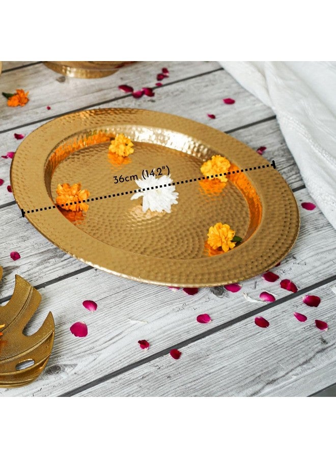 Behoma Aluminium Round Hammered Thali Shape for Decoration, Diwali Pooja || Table Home Interior Kitchen Office Decor || Festival Special Item for Wedding Ceremony || Golden (L- 35.5 CM) (Only Tray) - Image 5