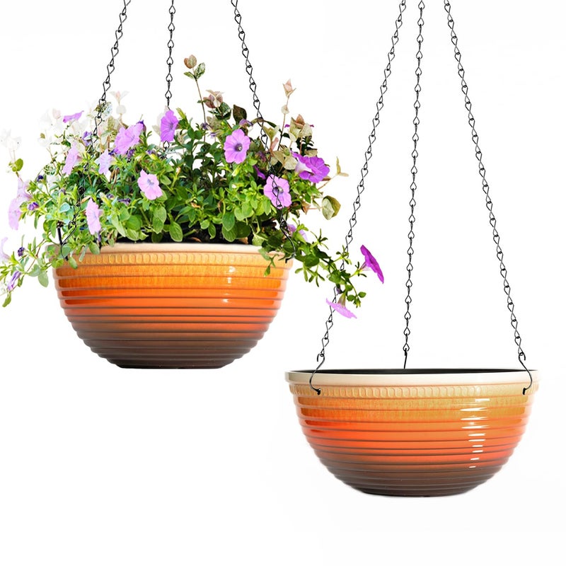 Vanslogreen 2 Pack Hanging Planters for Indoor Outdoor Plants, 10 Inch Hanging Planter with Drainage Hole & Plug Glazed Hanging Baskets Flower Pots for Garden Home, Orange - Image 1