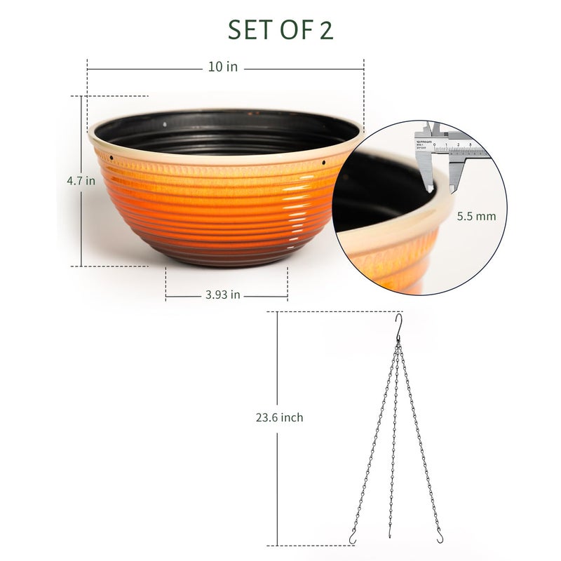 Vanslogreen 2 Pack Hanging Planters for Indoor Outdoor Plants, 10 Inch Hanging Planter with Drainage Hole & Plug Glazed Hanging Baskets Flower Pots for Garden Home, Orange - Image 2