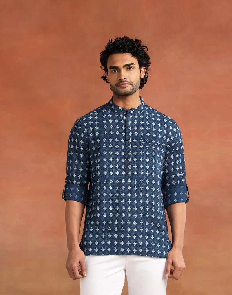 Fabindia Indigo Cotton Dabu Printed Slim Fit Mid Placket Shirt