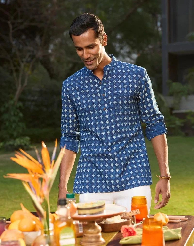 Fabindia Indigo Cotton Dabu Printed Slim Fit Mid Placket Shirt