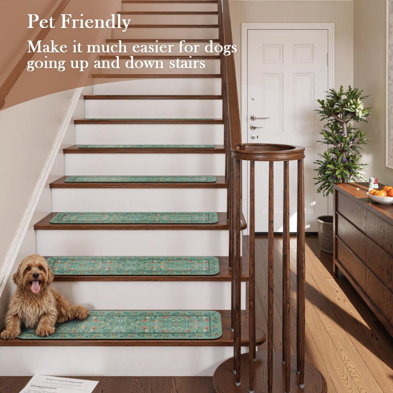 OJIA Floral Stair Treads Non-Slip Stair Runner for Wooden Steps Indoor 15PCS 30"x8" Carpet Stair Treads Stair Mats Staircase Step Treads for Kids, Elders and Dogs, Stair Covers, Green - Image 4