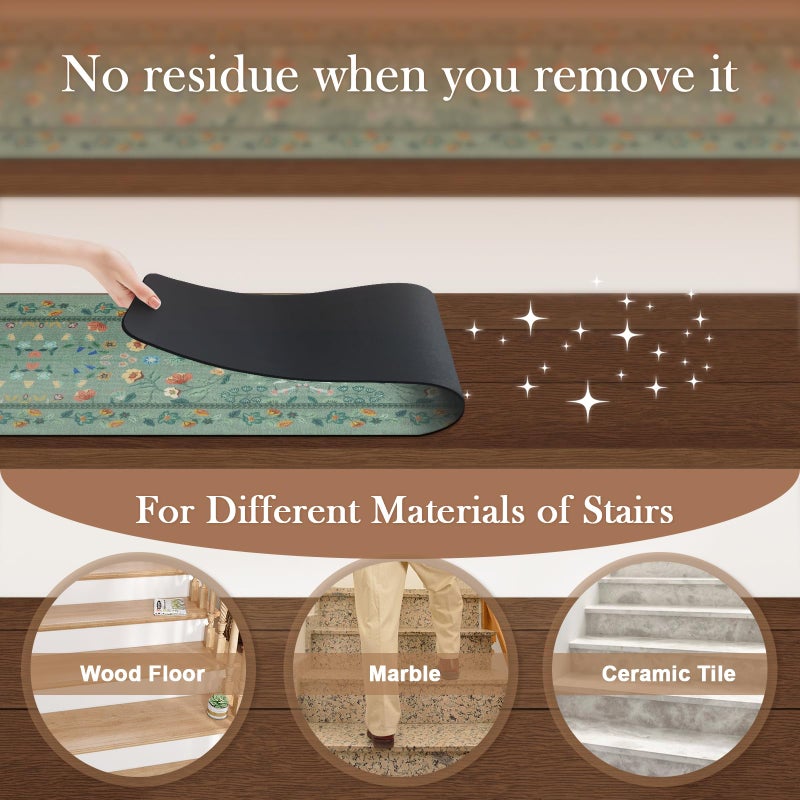 OJIA Floral Stair Treads Non-Slip Stair Runner for Wooden Steps Indoor 15PCS 30"x8" Carpet Stair Treads Stair Mats Staircase Step Treads for Kids, Elders and Dogs, Stair Covers, Green - Image 3