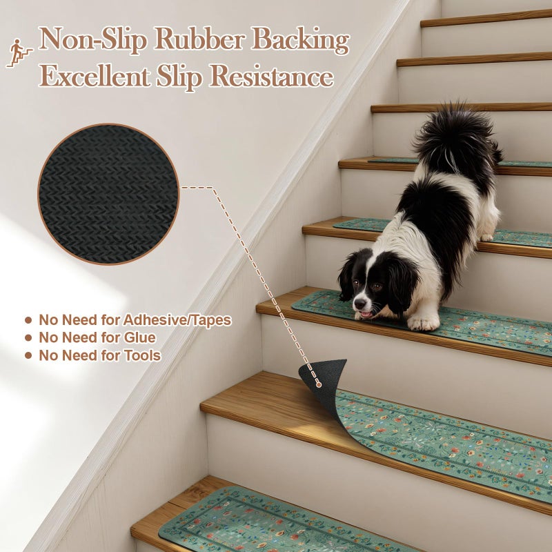 OJIA Floral Stair Treads Non-Slip Stair Runner for Wooden Steps Indoor 15PCS 30"x8" Carpet Stair Treads Stair Mats Staircase Step Treads for Kids, Elders and Dogs, Stair Covers, Green - Image 2