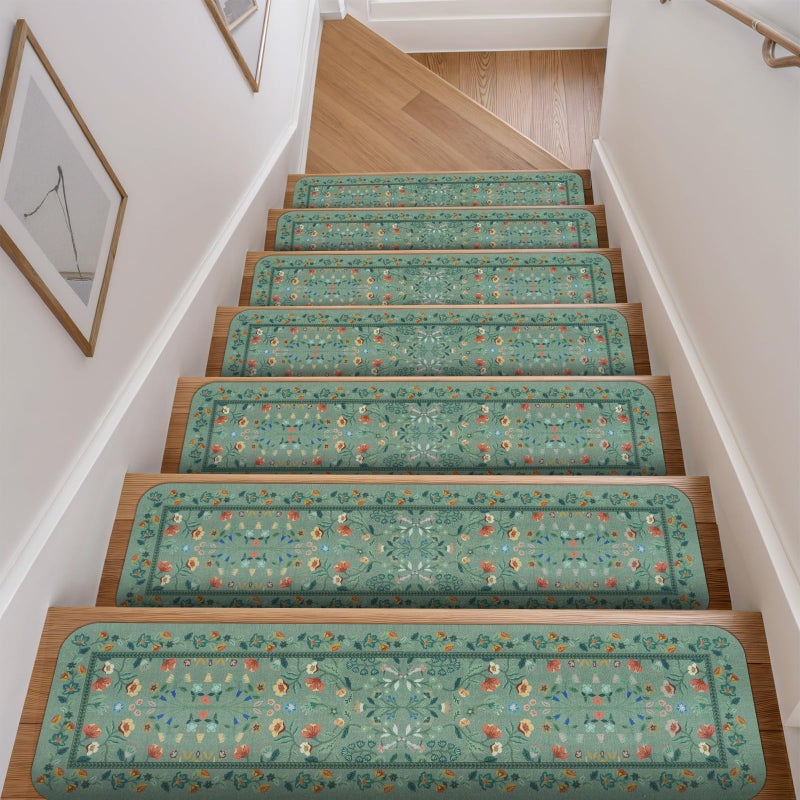 OJIA Floral Stair Treads Non-Slip Stair Runner for Wooden Steps Indoor 15PCS 30"x8" Carpet Stair Treads Stair Mats Staircase Step Treads for Kids, Elders and Dogs, Stair Covers, Green - Image 1